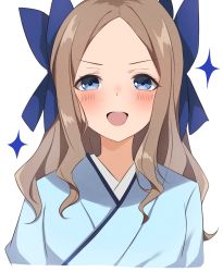Rule 34 | 1girl, asakaze (kancolle), blue bow, blue eyes, blush, bow, hachino mugi, hair bow, highres, japanese clothes, kantai collection, light brown hair, long hair, meiji schoolgirl uniform, parted lips, portrait, sidelocks, simple background, solo, sparkle, teeth, upper teeth only, white background