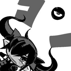 Rule 34 | 1girl, backbeako (torotei), backbeard, chibi, commentary request, dress, elbow gloves, frown, gegege no kitarou, gloves, hair over one eye, hair ribbon, half-closed eye, long hair, looking at viewer, monochrome, open mouth, original, pointing, pointing at viewer, pointy ears, ribbon, simple background, sleeveless, sleeveless dress, solo, torotei, translated, twintails, upper body, white background