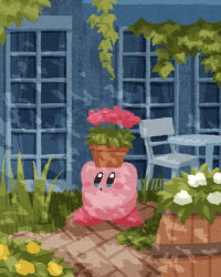 Rule 34 | barrel, blue eyes, blush stickers, chair, flower, highres, kirby, kirby (series), miclot, nature, nintendo, no humans, open mouth, pink flower, plant, potted plant, table, vines, white flower, window, yellow flower