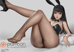 Rule 34 | 1girl, animal ears, ariverkao, bare shoulders, black hair, black leotard, black pantyhose, blush, bow, bow choker, bowtie, breasts, brown eyes, choker, cleavage, collarbone, dated, fake animal ears, high heels, large breasts, leotard, lips, long hair, looking at viewer, lying, on back, original, pantyhose, patreon logo, playboy bunny, rabbit ears, shoes, signature, single shoe, solo, strapless, strapless leotard, wrist cuffs