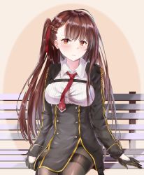 Rule 34 | 1girl, 3:, bench, black gloves, black jacket, blush, braid, breasts, brown background, brown eyes, brown hair, brown pantyhose, closed mouth, collared shirt, framed breasts, girls&#039; frontline, gloves, gradient background, hair ribbon, highres, jacket, long hair, long sleeves, looking at viewer, medium breasts, mutang, necktie, on bench, one side up, pantyhose, park bench, red necktie, red ribbon, ribbon, shirt, sitting, solo, striped clothes, striped shirt, thighband pantyhose, vertical-striped clothes, vertical-striped shirt, very long hair, wa2000 (girls&#039; frontline), white shirt