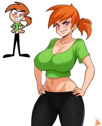 Rule 34 | 1girl, animification, breasts, cameltoe, earrings, evil grin, evil smile, grin, hands on own hips, highres, jewelry, jmg, large breasts, looking at viewer, midriff, navel, orange hair, ponytail, short hair, signature, simple background, smile, solo, the fairly oddparents, vicky (fairly oddparents), white background