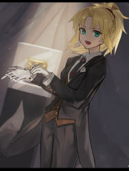 Rule 34 | 1girl, aito, alternate costume, black jacket, black pants, blonde hair, blush, braid, collared shirt, commentary request, cowboy shot, fate/grand order, fate (series), formal, french braid, gloves, green eyes, hair ornament, hair scrunchie, highres, indoors, jacket, long hair, long sleeves, looking at viewer, mordred (fate), mordred (fate/apocrypha), mordred (formal dress) (fate), necktie, open mouth, pants, parted bangs, ponytail, red scrunchie, scrunchie, shirt, solo, standing, suit, white gloves, white shirt