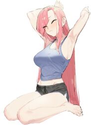Rule 34 | 1girl, armpits, arms up, asymmetrical bangs, barefoot, black shorts, blue tank top, blush, breasts, closed eyes, closed mouth, commentary, full body, highres, large breasts, long hair, original, pink hair, short shorts, shorts, sideboob, simple background, sitting, solo, stretching, suisogenshi, tank top, very long hair, white background