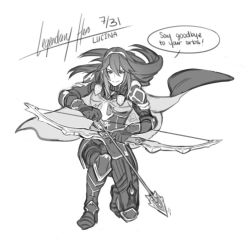 Rule 34 | 1girl, archery, armor, arrow (projectile), bow (weapon), cape, english text, fire emblem, fire emblem awakening, fire emblem heroes, gloves, greyscale, holding, holding bow (weapon), holding weapon, jewelry, krazehkai, long hair, lucina (fire emblem), monochrome, nintendo, partially fingerless gloves, simple background, smile, solo, tiara, weapon, white background