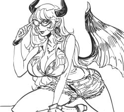 Rule 34 | 1girl, adjusting eyewear, animal print, bare shoulders, bb (baalbuddy), blush, boots, bra, bra peek, breasts, cleavage, cow print, demon girl, demon tail, ear piercing, earrings, glasses, greyscale, hand up, high heel boots, high heels, jewelry, large breasts, leaning forward, lipstick, long hair, looking at viewer, makeup, monochrome, necklace, on one knee, opaque glasses, original, panties, panty peek, parted lips, piercing, pointy ears, short shorts, shorts, simple background, smile, solo, tail, underwear, white background, wristband