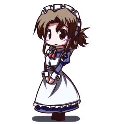 Rule 34 | 00s, 1girl, apron, ascot, blush, brown eyes, brown hair, chibi, cuff links, dress, fictional sister, folded ponytail, full body, hayate no gotoku!, juliet sleeves, long sleeves, maid, maid apron, maid headdress, maria (hayate no gotoku!), own hands together, puffy sleeves, red eyes, simple background, smile, solo, standing, white background