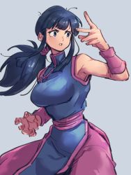 Rule 34 | 1girl, black eyes, black hair, blue dress, breasts, chi-chi (dragon ball), china dress, chinese clothes, dragon ball, dragon ball (classic), dress, fighting stance, grey background, kemachiku, long hair, looking away, medium breasts, simple background, solo