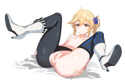 Rule 34 | 1girl, absurdres, ahoge, asymmetrical legwear, blonde hair, blue flower, blush, boots, breasts, closed mouth, collarbone, dress, flower, full body, girls&#039; frontline, hair between eyes, hair flower, hair ornament, has bad revision, has censored revision, heart, heart-shaped pupils, high heel boots, high heels, highres, light leave, looking at viewer, lying, nagant revolver (astral bond) (girls&#039; frontline), nagant revolver (girls&#039; frontline), nipples, on back, pussy, red eyes, side ponytail, simple background, small breasts, solo, spread legs, striped clothes, striped thighhighs, symbol-shaped pupils, thighhighs, uncensored, white background, wide spread legs