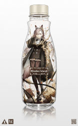 Rule 34 | 1girl, absurdres, animal ears, arknights, black footwear, black jacket, book, bottle, breasts, brown eyes, brown hair, brown thighhighs, chain, collared shirt, commentary request, gauntlets, gradient background, grey background, hair between eyes, hand up, highres, in bottle, in container, jacket, long hair, medium breasts, penance (arknights), shirt, shoes, single gauntlet, solo, standing, tail, thighhighs, very long hair, weapon, white background, white shirt, yuuki mix