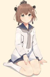 Rule 34 | 1girl, absurdres, bad id, bad pixiv id, blue sailor collar, blush, brown eyes, brown hair, buttons, closed mouth, dress, flower, grey neckerchief, hair between eyes, hair flower, hair ornament, highres, kantai collection, kneehighs, long sleeves, ludens (inonaka koubou), neckerchief, pink flower, sailor collar, sailor dress, short hair, simple background, smile, socks, solo, white dress, white socks, yellow background, yukikaze (kancolle), yukikaze kai ni (kancolle)