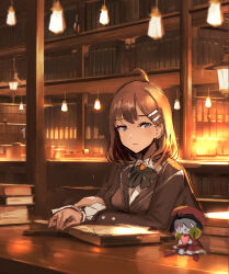 Rule 34 | 2girls, ahoge, blue eyes, book, bookshelf, bow, bowtie, breasts, brown coat, brown hair, brown theme, chuhaibane, coat, collared shirt, desk, green bow, green bowtie, highres, hod (project moon), indoors, laetitia (project moon), lamp, library, library of ruina, long sleeves, looking at viewer, medium breasts, medium hair, mini person, minigirl, multiple girls, open book, project moon, shirt, white shirt