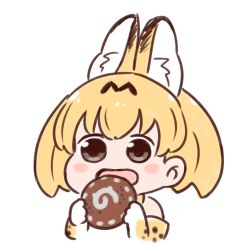 Rule 34 | 10s, :d, animal ears, batta (ijigen debris), blonde hair, blush stickers, brown eyes, chibi, commentary request, eating, elbow gloves, food, gloves, holding, holding food, japari bun, kemono friends, open mouth, serval (kemono friends), serval print, short hair, simple background, smile, solo, upper body, white background