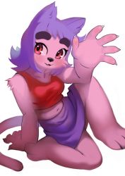 Rule 34 | 1girl, animal ears, blush, breasts, cat, cat ears, cat tail, eyebrows, furry, furry female, highres, inuki (aruurara), midriff, navel, open mouth, original, penny (anaugi), purple hair, red eyes, short hair, simple background, sitting, skirt, smile, solo, tail, thick eyebrows, tongue, waving, white background