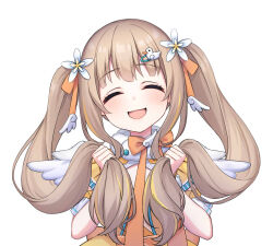 Rule 34 | 1girl, :d, ^ ^, brown hair, character request, closed eyes, copyright request, flower, hair flower, hair ornament, highres, holding, holding own hair, long hair, open mouth, simple background, smile, solo, twintails, upper body, virtual youtuber, white background, white flower, white wings, wings, ym (distance819)