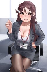 Rule 34 | 1girl, :d, brown eyes, brown hair, brown pantyhose, chair, fingernails, grey jacket, grey skirt, hand on own hip, hand up, highres, igarashi kyouhei, jacket, long hair, long sleeves, looking at viewer, love live!, love live! sunshine!!, miniskirt, nail polish, office, office chair, office lady, open clothes, open jacket, open mouth, pantyhose, pink nails, round teeth, sakurauchi riko, sitting, skirt, smile, solo, swivel chair, teeth, upper teeth only
