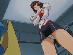 Rule 34 | 1girl, agent aika, aika (series), animated, animated gif, ascot, bare legs, black ascot, breasts, brown eyes, brown hair, crossed arms, delmo, from below, gainax, indoors, jacket, large breasts, lipstick, makeup, medium breasts, miniskirt, mole, mole under eye, open mouth, panties, pantyshot, perspective, retro artstyle, shiny clothes, shiny skin, skirt, solo, standing, talking, underwear, uniform, upskirt, white delmo, white delmo n, white jacket, white panties, wide hips