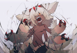 Rule 34 | 1girl, angry, animal ears, arin (fanfan013), blonde hair, blunt bangs, body fur, claws, collarbone, cowboy shot, dirty, extra arms, fangs, faputa, fewer digits, furious, hair over one eye, hands up, highres, looking to the side, made in abyss, monster girl, multiple tails, navel, one eye covered, open mouth, orange eyes, red pupils, revision, saliva, saliva trail, short hair, simple background, solo, standing, tail, tongue, white background, white fur