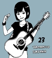 Rule 34 | 1girl, akb48, arms up, black eyes, black hair, black shirt, blue background, bracelet, flat color, grin, guitar, holding, holding instrument, holding plectrum, hosoo, instrument, jewelry, looking at viewer, monochrome, nmb48, plectrum, shirt, short hair, short sleeves, simple background, smile, solo, standing, strap, upper body, yamamoto sayaka