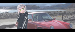 Rule 34 | 10s, 1girl, bad id, bad pixiv id, black hoodie, car, commentary request, covered mouth, day, green eyes, hair ornament, hairclip, hand up, head tilt, hei (tonarinohey), hood, hood down, hoodie, lake, letterboxed, long sleeves, looking at viewer, motor vehicle, mountain, outdoors, porsche, porsche 911, road, scenery, silver hair, solo, vehicle request, water, yama no susume, yukimura aoi