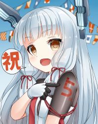 Rule 34 | 1girl, :d, bad id, bad pixiv id, blurry, bow, brown eyes, commentary request, depth of field, gloves, hair bow, hair ribbon, highres, kantai collection, long hair, looking at viewer, murakumo (kancolle), murakumo kai ni (kancolle), open mouth, pointing, ribbon, school uniform, serafuku, signal flag, silver hair, smile, soba (sobaya1938), solo, translation request, tress ribbon