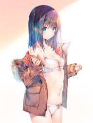 Rule 34 | 1girl, bare shoulders, blue eyes, blue hair, blush, bra, breasts, brown coat, buttons, cleavage, closed mouth, coat, collarbone, cowboy shot, duffel coat, fur-trimmed coat, fur trim, groin, hair ornament, hairclip, highres, long hair, long sleeves, looking at viewer, miwabe sakura, navel, off shoulder, open clothes, open coat, original, panties, sidelocks, sleeves past wrists, small breasts, solo, standing, stomach, underwear, white background, white bra, white panties, zipper
