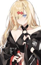 Rule 34 | 1girl, alternate costume, aogisa, bad id, bad pixiv id, bare shoulders, black gloves, black jacket, black tank top, blonde hair, blue eyes, closed mouth, collarbone, crop top, girls&#039; frontline, gloves, hair between eyes, heterochromia, highres, jacket, long hair, looking at viewer, mg36 (girls&#039; frontline), mole, mole under eye, open clothes, open jacket, partially fingerless gloves, solo, tank top, white background, yellow eyes
