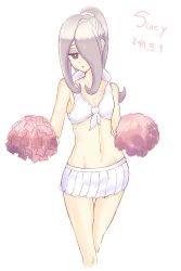 Rule 34 | 10s, 1girl, breasts, cheerleader, hair over one eye, highres, little witch academia, pale skin, pink hair, pom pom (cheerleading), skirt, small breasts, solo, sucy manbavaran