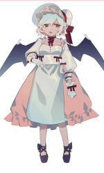 Rule 34 | 1girl, absurdres, bad id, bad pixiv id, bat wings, black footwear, blue hair, bow, dress, frilled dress, frills, full body, hat, hat ribbon, highres, light blue hair, long sleeves, pink skirt, pointy ears, puffy long sleeves, puffy sleeves, red bow, red eyes, red ribbon, remilia scarlet, ribbon, shi chimi, short hair, simple background, skirt, solo, touhou, white background, white hat, white sleeves, wings