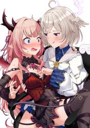 Rule 34 | 2girls, :q, absurdres, ahoge, angel, angel and devil, ardalita lili, ascot, bare shoulders, black nails, black skirt, black thighhighs, blonde hair, blue eyes, blue shirt, blush, breasts, cerafine mikael, chain, cleavage, collared shirt, demon girl, demon tail, demon wings, dress shirt, eye contact, fang, hair intakes, hair ribbon, halo, head wings, highres, horns, long hair, long sleeves, looking at another, medium breasts, miniskirt, motto notto, multiple girls, nail polish, original, pleated skirt, red ascot, red eyes, ribbon, shirt, short hair, skirt, smile, sweat, tail, thighhighs, tongue, tongue out, torn ascot, torn clothes, white background, wings