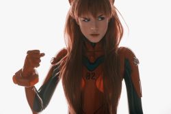 Rule 34 | 1girl, absurdres, backlighting, blue eyes, bodysuit, brown hair, clenched hand, cosplay, cosplay photo, film grain, freckles, hair over breasts, highres, long hair, neon genesis evangelion, photo (medium), plugsuit, red bodysuit, reference photo, shirogane-sama, sideways glance, simple background, solo, souryuu asuka langley, upper body, white background
