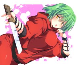 Rule 34 | 1girl, alternate costume, breasts, green hair, hikage (senran kagura), holding, holding knife, holding weapon, hood, hoodie, knife, large breasts, nanami neru, pants, pink background, red hoodie, red pants, senran kagura, senran kagura new link, short hair, sleeves rolled up, splatter, thighs, tongue, tongue out, weapon, white background