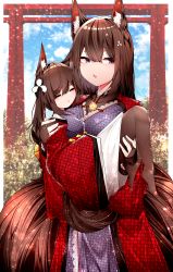 Rule 34 | 2girls, absurdres, amagi-chan (azur lane), amagi (azur lane), animal ear fluff, animal ears, azur lane, brown hair, brown tail, coat, closed eyes, fox ears, highres, japanese clothes, kimono, kitsune, long hair, mother and daughter, multiple girls, multiple tails, purple eyes, purple kimono, red coat, samip, tail, torii, wide sleeves