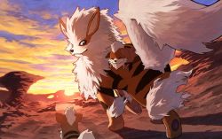 Rule 34 | arcanine, black eyes, closed mouth, cloud, commentary request, creatures (company), desert, evolutionary line, fangs, fangs out, game freak, gen 1 pokemon, growlithe, killert 0401, looking back, nintendo, no humans, outdoors, pokemon, pokemon (creature), sky, smile, standing, twilight