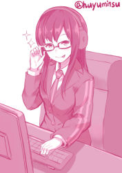 Rule 34 | 10s, 1girl, :p, adjusting eyewear, chair, female focus, glasses, headset, huyumitsu, keyboard (computer), looking at viewer, military, military uniform, monochrome, necktie, simple background, sitting, solo, sparkle, tongue, tongue out, twitter username, uniform, usami shiori, white background, world trigger