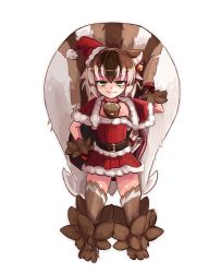 Rule 34 | 1girl, :3, animal ears, belt, blush, body fur, brown hair, christmas, closed mouth, commentary, dress, english commentary, fur trim, green eyes, hat, highres, holding, holding sack, looking at viewer, monster girl, monster girl encyclopedia, multicolored hair, nuggets (cokekock), nut (food), ratatoskr (monster girl encyclopedia), red dress, red hat, sack, santa costume, santa hat, short hair, simple background, smile, smug, solo, squirrel ears, squirrel girl, squirrel tail, tail, v-shaped eyebrows, white background, white hair