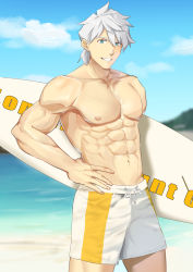 Rule 34 | 1boy, artist request, bara, beach, blue eyes, drawstring, fate/grand order, fate (series), highres, holding, large pectorals, looking at viewer, male focus, male swimwear, mature male, mayking0717k, multicolored male swimwear, multicolored swim trunks, muscular, muscular male, open mouth, pectorals, percival (fate), short hair, smile, solo, surfboard, swim trunks, swimsuit, topless male, white hair, white male swimwear, white swim trunks, yellow male swimwear, yellow swim trunks