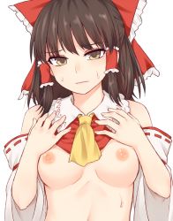 Rule 34 | 1girl, ascot, bare shoulders, black hair, bow, breasts, brown eyes, commentary request, detached sleeves, frilled bow, frilled shirt collar, frills, hair bow, hair tubes, hakurei reimu, hands on own chest, hands up, long hair, long sleeves, looking at viewer, medium breasts, miyo (ranthath), nipples, red bow, sidelocks, simple background, solo, stomach, sweat, touhou, upper body, white background, wide sleeves, yellow ascot