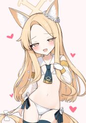 Rule 34 | animal ear fluff, animal ears, bikini, black thighhighs, blonde hair, blue archive, blush, breasts, bridal gauntlets, detached sleeves, fox ears, fox girl, fox tail, halo, hand on own chest, heart, highres, long hair, looking at viewer, mitsumine raimu, naughty face, navel, open mouth, see-through, seia (blue archive), side-tie bikini bottom, small breasts, smile, stomach, swimsuit, tail, thigh gap, thighhighs, thighs, white bikini, white sleeves, yellow eyes