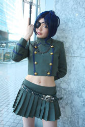 Rule 34 | 1girl, asian, blue hair, breasts, chrome dokuro, color contacts, cosplay, eyepatch, female focus, highres, indoors, katekyo hitman reborn!, looking at viewer, midriff, miniskirt, namada, parted lips, photo (medium), pleated skirt, polearm, short hair, skirt, skull and crossbones, skull belt, small breasts, solo, spear, standing, trident, uniform, weapon, window