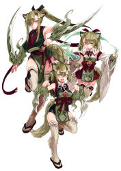 Rule 34 | 3girls, :d, animal ears, arm blade, armpits, bare shoulders, blade, blush, breasts, clenched hands, closed mouth, detached sleeves, eyes visible through hair, fur, green hair, grey legwear, hair between eyes, hair over one eye, highres, holding, holding pot, hydrokinesis, japanese clothes, kamaitachi (monster girl encyclopedia), kenkou cross, large breasts, legs, long hair, long sleeves, looking at viewer, magic, medium hair, monster girl encyclopedia, multiple girls, official art, open mouth, orange eyes, pelvic curtain, ponytail, pot, sandals, sash, short hair, simple background, small breasts, smile, standing, standing on one leg, tabi, tail, thighhighs, twintails, water, weapon, white background, wide sleeves