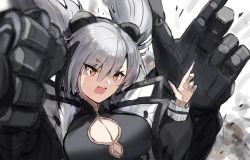 Rule 34 | 1girl, absurdres, animal ears, arknights, black hair, black shirt, breasts, brown eyes, cleavage, cleavage cutout, clothing cutout, commentary request, fang, feater (arknights), grey jacket, highres, horn/wood, jacket, large breasts, long hair, looking away, mechanical arms, multicolored hair, open clothes, open jacket, open mouth, panda ears, shirt, silver hair, skin fang, sleeveless, sleeveless shirt, solo, streaked hair, thick eyebrows, turtleneck, twintails, two-tone hair, upper body, white background
