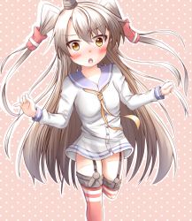 Rule 34 | &gt;:o, 1girl, :o, amatsukaze (kancolle), bad id, bad pixiv id, blush, brown eyes, cosplay, dress, garter straps, kantai collection, long hair, personification, sailor dress, silver hair, solo, striped clothes, striped thighhighs, sumio617, sumioo (sumikko no ousama), thighhighs, twintails, two side up, v-shaped eyebrows, yukikaze (kancolle), yukikaze (kancolle) (cosplay)
