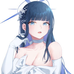 Rule 34 | 1girl, aesice, black hair, blue archive, blue eyes, blue halo, breasts, choker, cleavage, collarbone, dress, earrings, elbow gloves, gloves, hair ornament, halo, highres, jewelry, large breasts, long hair, looking at viewer, official alternate costume, open mouth, saori (blue archive), saori (dress) (blue archive), simple background, solo, strapless, strapless dress, upper body, white background, white choker, white dress, white gloves