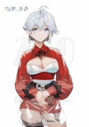 Rule 34 | 1girl, 2021, absurdres, ahoge, text background, black thighhighs, breasts, cleavage, closed mouth, contrapposto, corset, cowboy shot, earrings, hair between eyes, high-waist skirt, highres, jewelry, koi han, long sleeves, looking at viewer, medium breasts, original, own hands together, puffy long sleeves, puffy sleeves, purple eyes, red skirt, see-through, short hair, shrug (clothing), silver hair, single thighhigh, skirt, solo, thigh strap, thighhighs, underbust, white background
