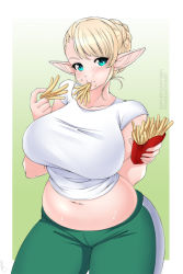 Rule 34 | 1girl, belly, blonde hair, braid, breasts, commentary, cowboy shot, eating, elf, elf-san wa yaserarenai., english commentary, erufuda-san, food, food on face, french fries, green eyes, green pants, large breasts, lindaroze, looking at viewer, muffin top, navel, pants, plump, pointy ears, shirt, short hair, solo, t-shirt, track pants, watermark, web address