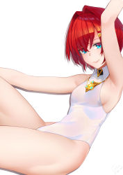 Rule 34 | 1girl, absurdres, ange katrina, ange katrina (2nd costume), arm up, armpits, bad id, bad pixiv id, blue eyes, bob cut, breasts, commentary, dated, hair between eyes, hair intakes, hair ornament, hairclip, highleg, highleg leotard, highres, jewelry, leotard, looking at viewer, necklace, nijisanji, red hair, sejuk, short hair, sideboob, signature, simple background, sitting, small breasts, smile, solo, thighs, triforce, virtual youtuber, white background, white leotard