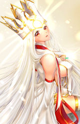 Rule 34 | 1girl, absurdres, bad id, bad pixiv id, bare shoulders, blonde hair, breasts, cleavage, commentary request, cross, dated, dress, fate/grand order, fate/zero, fate (series), from side, gem, grey hair, highres, irisviel von einzbern, large breasts, long hair, open mouth, red eyes, revealing clothes, sitting, solo, tagme, thighhighs, very long hair, wakana art, white dress, white hair, white thighhighs