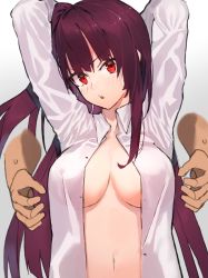 Rule 34 | 1boy, 1girl, arms up, bad id, bad pixiv id, blush, breasts, commentary request, girls&#039; frontline, gradient background, grey background, head tilt, large breasts, long hair, long sleeves, looking at viewer, navel, one side up, open clothes, open shirt, parted lips, purple hair, red eyes, shirt, stomach, suminagashi, upper body, very long hair, wa2000 (girls&#039; frontline), white shirt