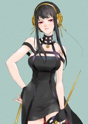 Rule 34 | 1girl, bare shoulders, black dress, black gloves, black hair, breasts, closed mouth, commentary, cowboy shot, dagger, dress, earrings, fingerless gloves, gloves, gold earrings, gold hairband, hairband, hand on own hip, highres, holding, holding weapon, jewelry, knife, kosuga kumi, large breasts, lips, long hair, looking at viewer, red eyes, sidelocks, simple background, solo, spy x family, stiletto (weapon), weapon, yor briar